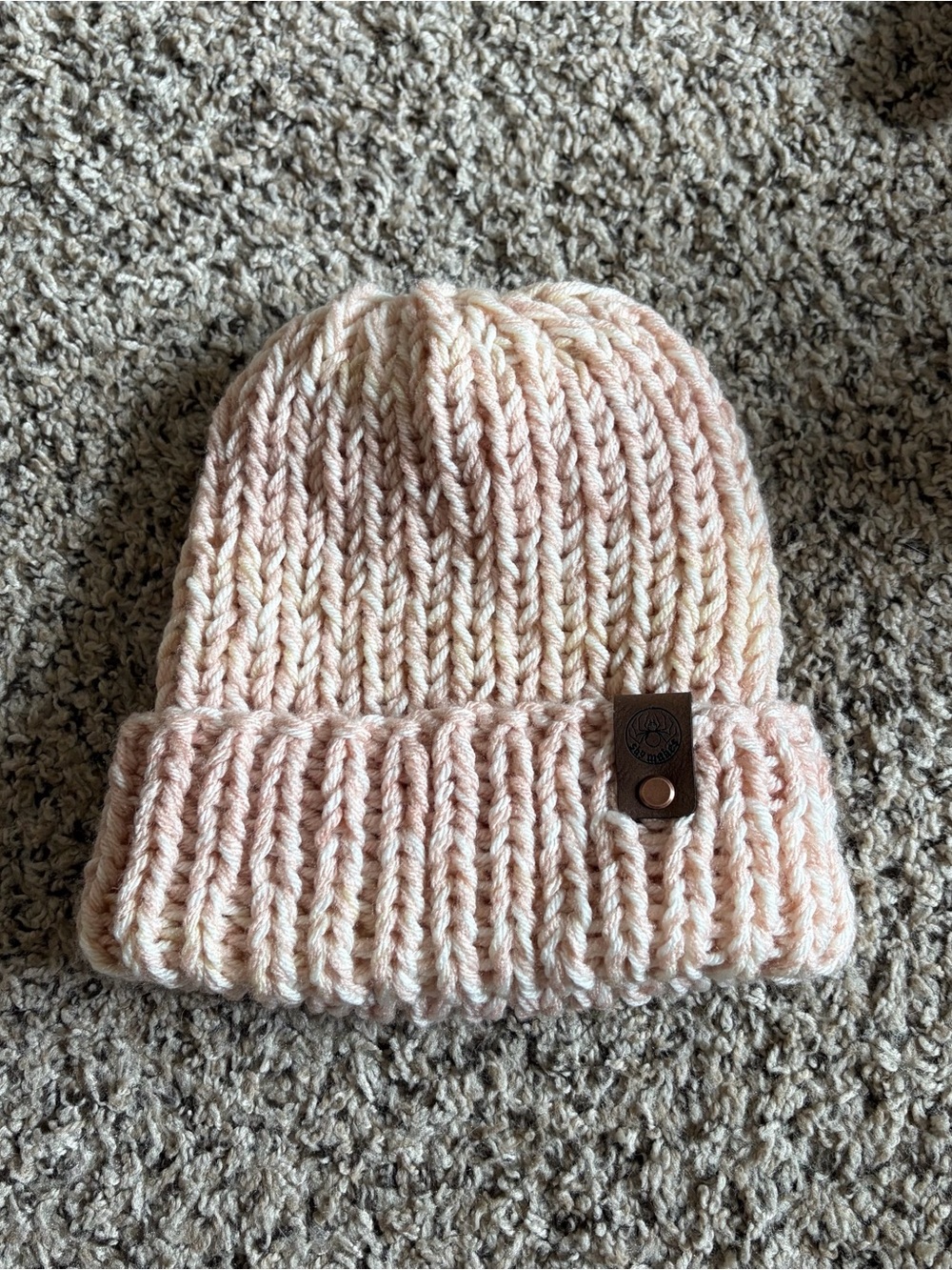 Handmade chunky ribbed knit beanie peachy pink